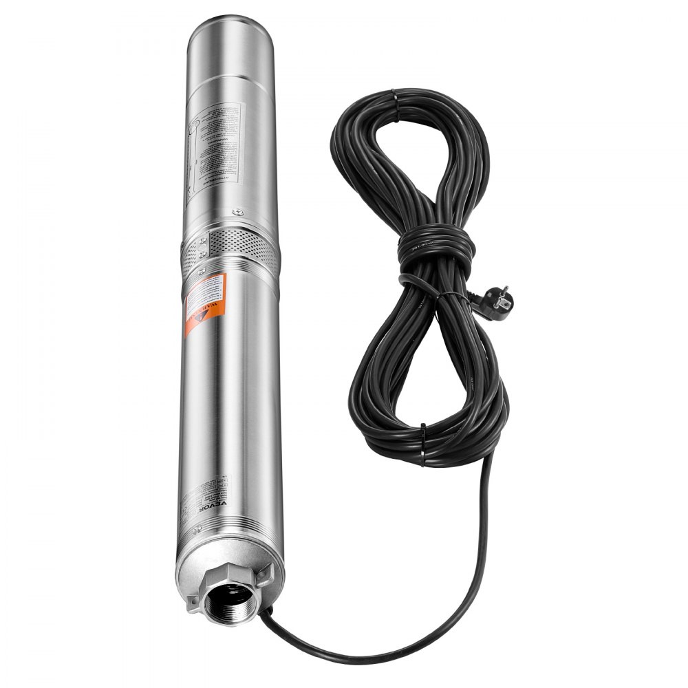 VEVOR Deep Well Submersible Pump, 1100W Input Power, 230V, 100 L/min Flow 75 m(246 ft) Head, with 20 m(65.62 ft) Cord, Stainless Steel Water Pump, for Industrial Irrigation and Home Use, IP68 Waterproof Grade