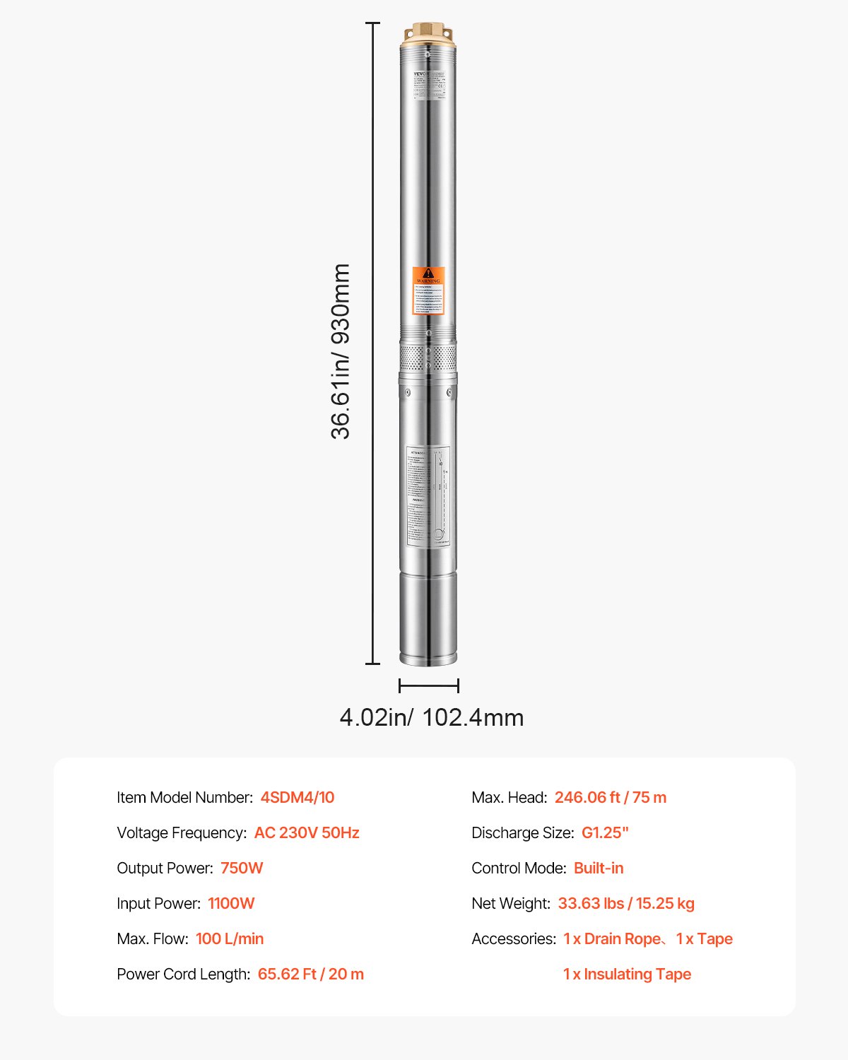 VEVOR Deep Well Submersible Pump, 750W Output Power, 230V, 100 L/min Flow 75 m(246 ft) Head, with 20 m(65.62 ft) Cord, Stainless Steel Water Pump, for Industrial Irrigation and Home Use, IP68 Waterproof Grade
