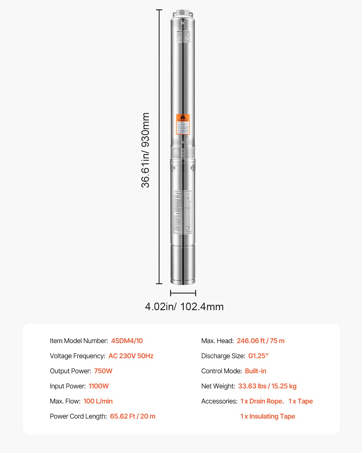 VEVOR Deep Well Submersible Pump, 1100W Input Power, 230V, 100 L/min Flow 75 m(246 ft) Head, with 20 m(65.62 ft) Cord, Stainless Steel Water Pump, for Industrial Irrigation and Home Use, IP68 Waterproof Grade