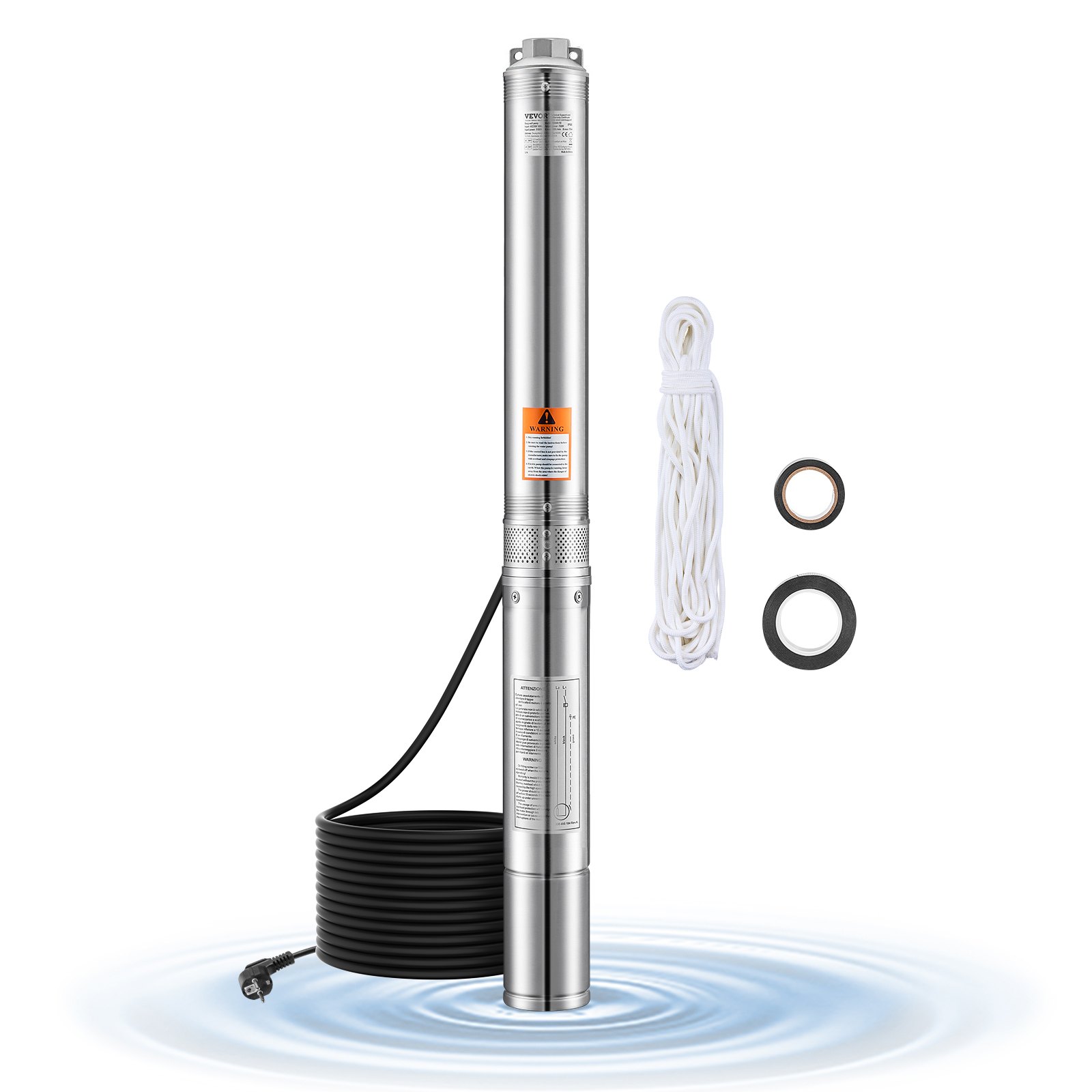 VEVOR Deep Well Submersible Pump, 1100W Input Power, 230V, 100 L/min Flow 75 m(246 ft) Head, with 20 m(65.62 ft) Cord, Stainless Steel Water Pump, for Industrial Irrigation and Home Use, IP68 Waterproof Grade