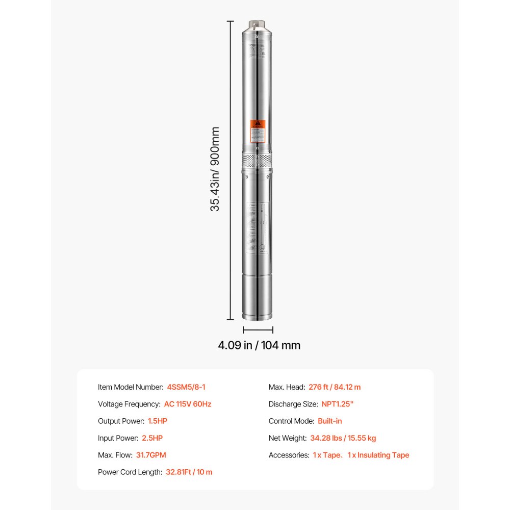 VEVOR Deep Well Submersible Pump, 1.5 HP Output Power, 115V, 31.7 GPM Flow 276 ft Head, with 32.81 ft Cord, Stainless Steel Water Pump, for Industrial, Irrigation, and Home Use, IP68 Waterproof Grade