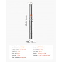 1.5HP Deep Well Submersible Pump Stainless Steel Water Pump 31.7GPM 276ft