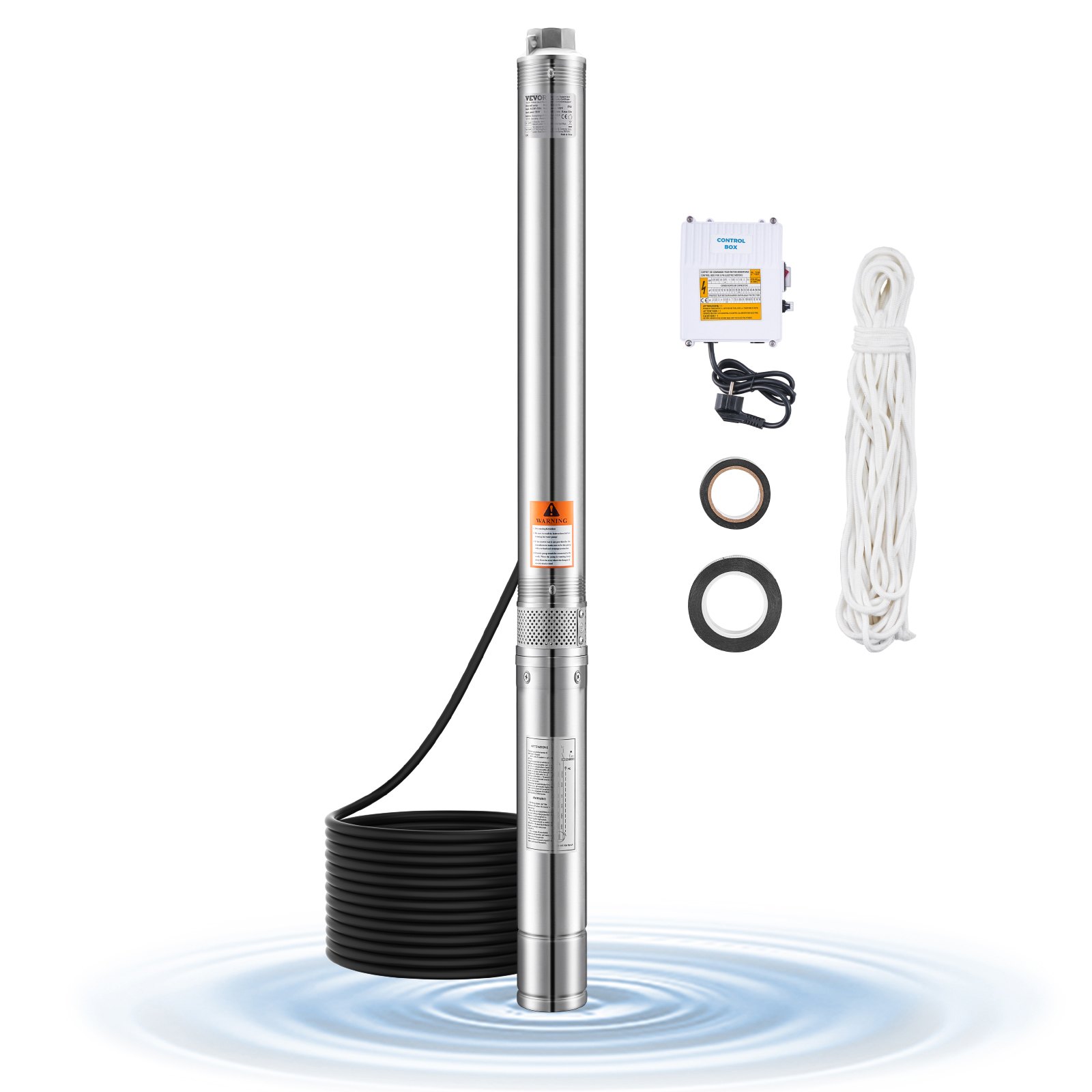 VEVOR Deep Well Submersible Pump, 910W Input Power, 230V, 100 L/min Flow, 53 m(174 ft) Head, 20 m(65.62 ft) Cord with External Control Box, Stainless Steel Water Pump, IP68, for Industrial Irrigation & Home Use