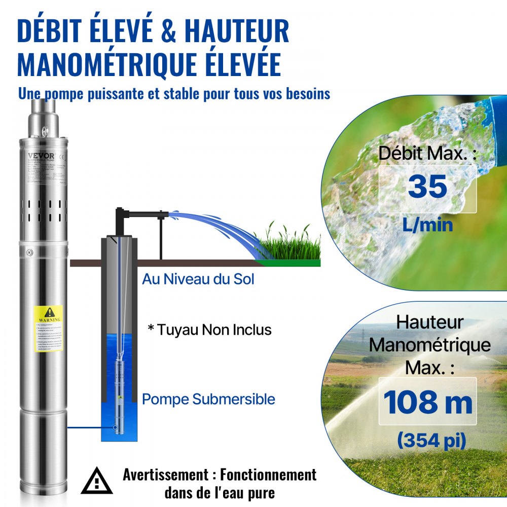 VEVOR Deep Well Submersible Pump, 550W 230V/50Hz, 35L/min 108 m Head Sand Resistant <5%, 20 m Electric Cord, 7.6 cm Stainless Steel Water Pumps for Industrial, Irrigation & Home Use, IP68 Waterproof