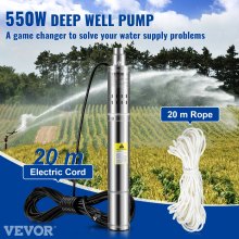 VEVOR Deep Well Submersible Pump, 550W 230V/50Hz, 35L/min 108 m Head Sand Resistant <5%, 20 m Electric Cord, 7.6 cm Stainless Steel Water Pumps for Industrial, Irrigation & Home Use, IP68 Waterproof