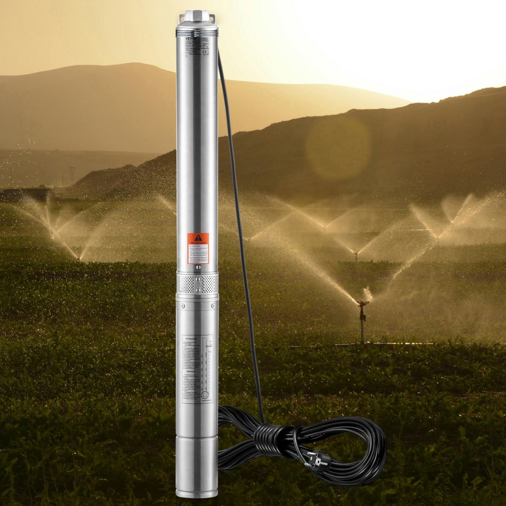 VEVOR Deep Well Submersible Pump, 2HP/1500W 230V/50Hz, 9.8 m³/h Flow 108 m Head, with 9.1 m Electric Cord, Stainless Steel Water Pumps for Industrial, Irrigation & Home Use, IP68 Waterproof Grade