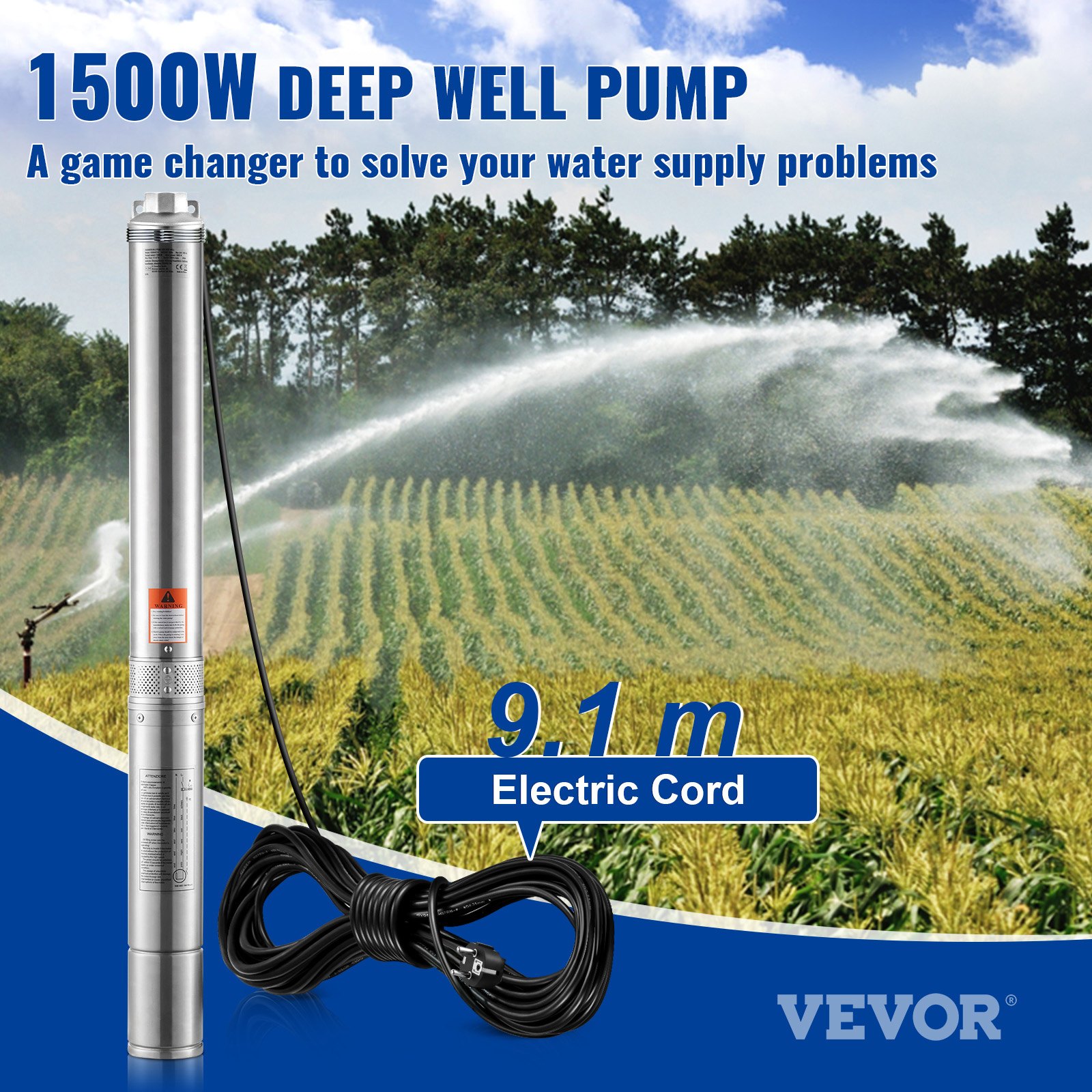 VEVOR Deep Well Submersible Pump, 2HP/1500W 230V/50Hz, 9.8 m³/h Flow 108 m Head, with 9.1 m Electric Cord, Stainless Steel Water Pumps for Industrial, Irrigation & Home Use, IP68 Waterproof Grade