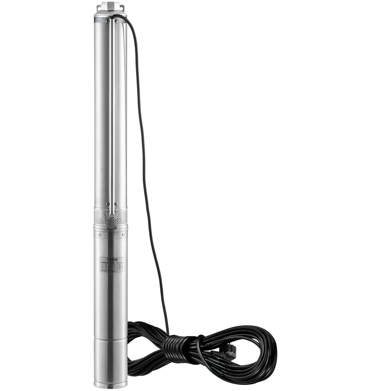 VEVOR Deep Well Submersible Pump, 2HP/1500W 230V/50Hz, 9.8 m³/h Flow 108 m Head, with 9.1 m Electric Cord, Stainless Steel Water Pumps for Industrial, Irrigation & Home Use, IP68 Waterproof Grade