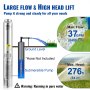 VEVOR Deep Well Submersible Pump, 1.5HP 230V/60Hz, 37gpm 276ft Head, with 33ft Electric Cord, 4" Stainless Steel Water Pumps for Industrial, Irrigation and Home Use, IP68 Waterproof Grade