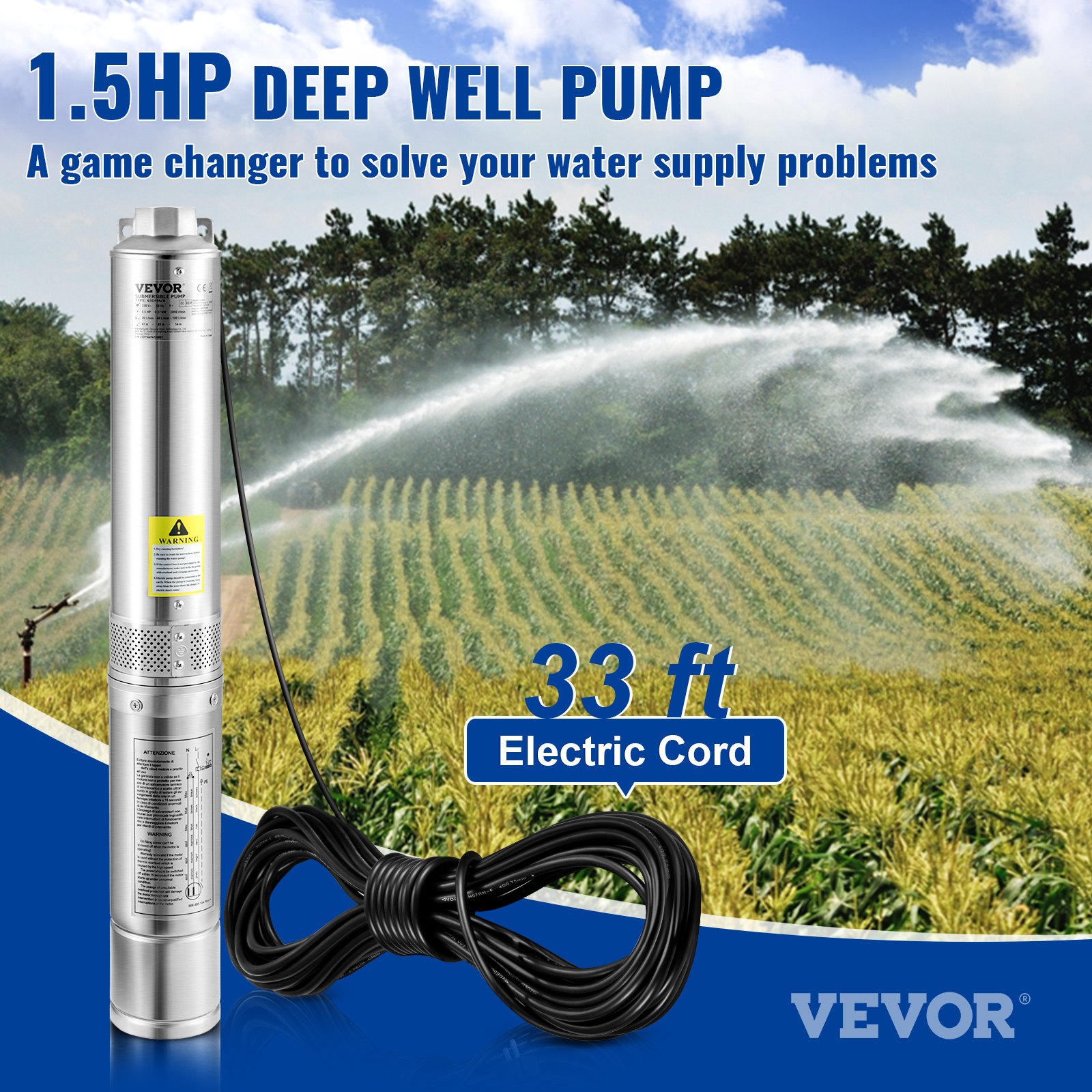 VEVOR Deep Well Submersible Pump, 1.5HP 230V/60Hz, 37gpm 276ft Head, with 33ft Electric Cord, 4\" Stainless Steel Water Pumps for Industrial, Irrigation and Home Use, IP68 Waterproof Grade