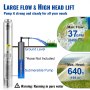 VEVOR Deep Well Submersible Pump, 3HP/2200W 230V/60Hz, 37GPM Flow 640 ft Head, with 33 ft Electric Cord, 4 inch Stainless Steel Water Pumps for Industrial, Irrigation & Home Use, IP68 Waterproof Grade