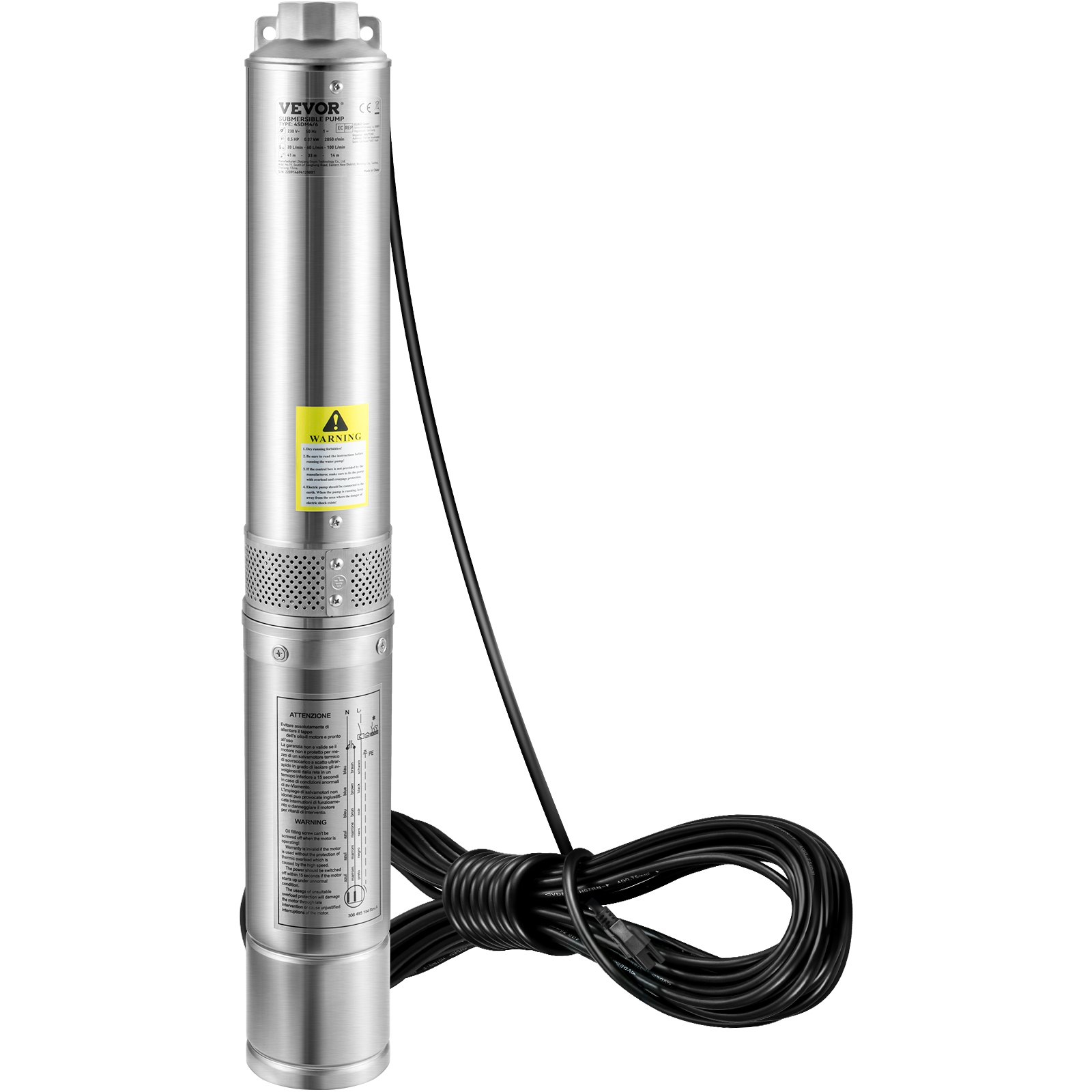 VEVOR Deep Well Submersible Pump, 0.5HP 230V/60Hz, 28gpm 167ft Head, with 33ft Electric Cord, 4\" Stainless Steel Water Pumps for Industrial, Irrigation and Home Use, IP68 Waterproof Grade