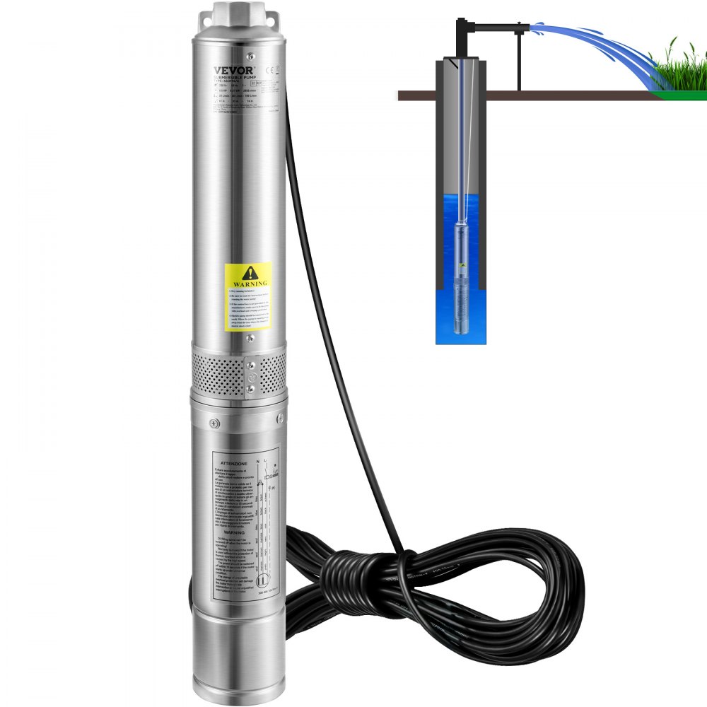 VEVOR Bomba sumergible de pozo profundo, 1HP 230V/60Hz, flujo de 37gpm, cabezal de 207 pies, con cable eléctrico de 33 pies, bomba de agua de acero inoxidable de 4" para uso industrial, riego y hogar, grado impermeable IP68