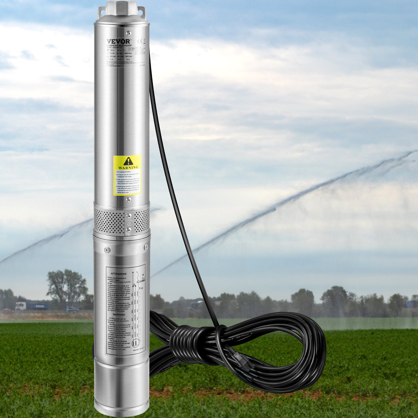 VEVOR Deep Well Submersible Pump, 1HP 230V/60Hz, 37gpm Flow 207ft Head, with 33ft Electric Cord, 4\" Stainless Steel Water Pump for Industrial, Irrigation&Home Use, IP68 Waterproof Grade