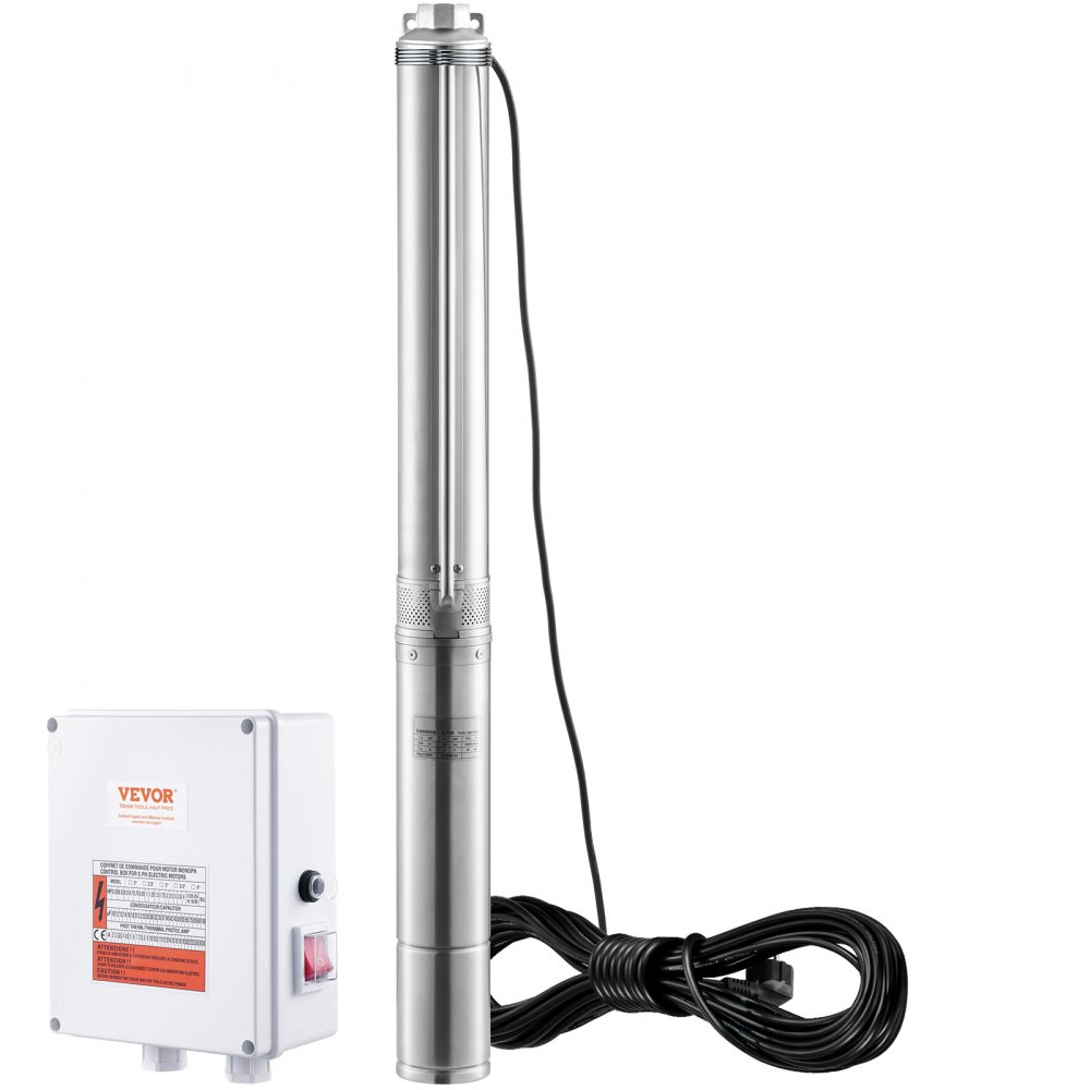 VEVOR Deep Well Submersible Pump, 2200W 230V, 9.8 m³/h Flow 144 m Head, with 19.4 m Cord & External Control Box, Stainless Steel Water Pumps for Industrial Irrigation and Home Use, IP68 Waterproof