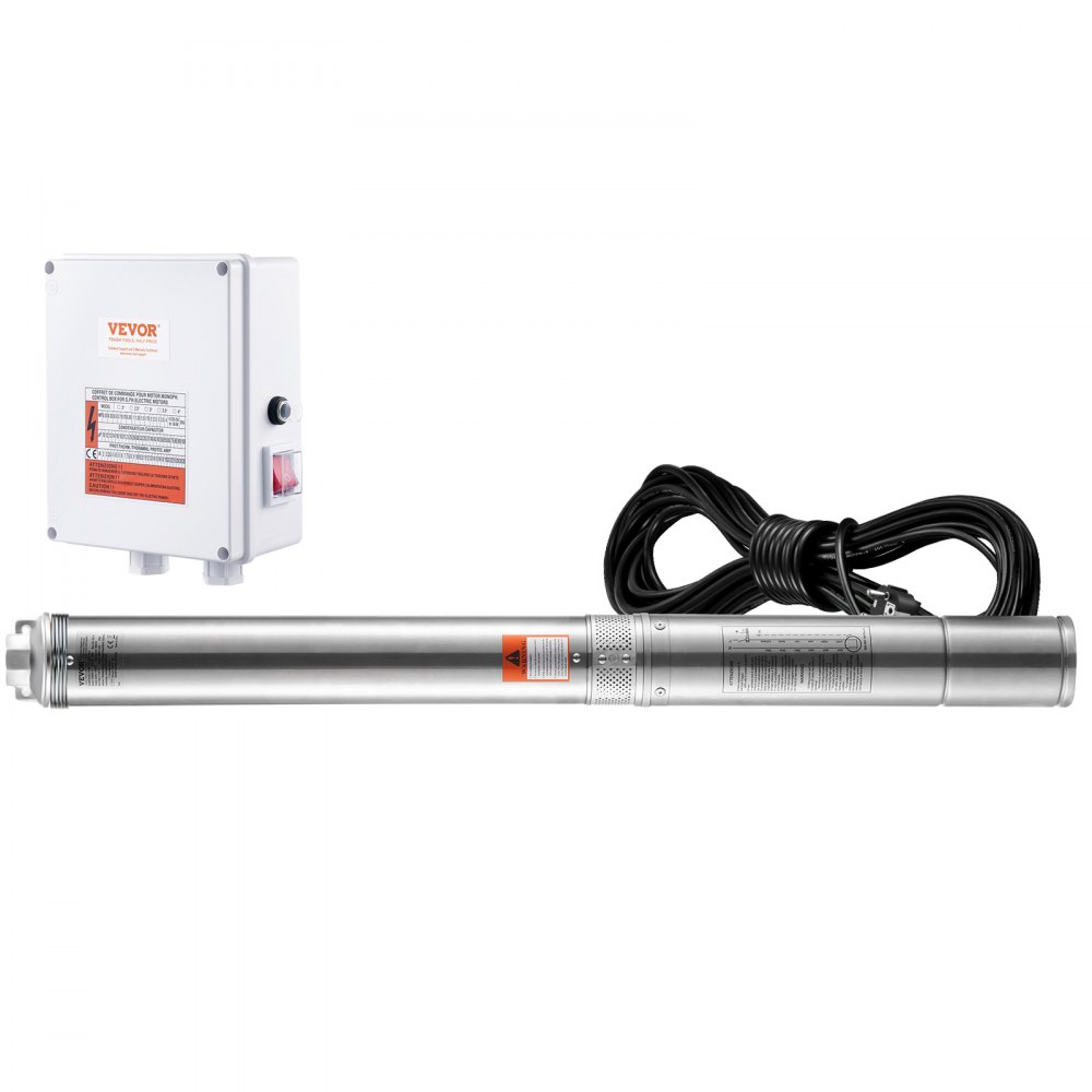 VEVOR Deep Well Submersible Pump, 2200W 230V, 9.8 m³/h Flow 144 m Head, with 19.4 m Cord & External Control Box, Stainless Steel Water Pumps for Industrial Irrigation and Home Use, IP68 Waterproof