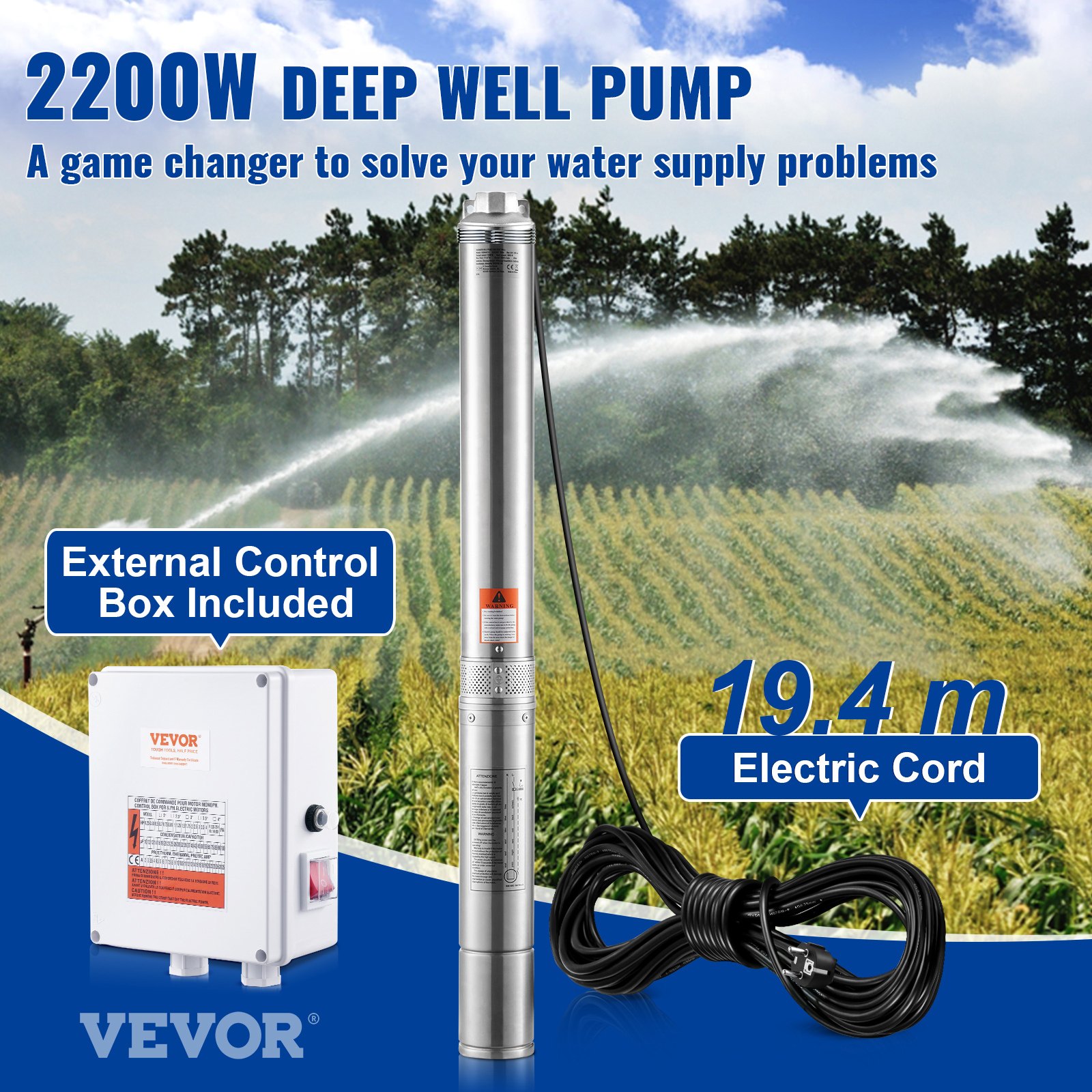 VEVOR Deep Well Submersible Pump, 2200W 230V, 9.8 m³/h Flow 144 m Head, with 19.4 m Cord & External Control Box, Stainless Steel Water Pumps for Industrial Irrigation and Home Use, IP68 Waterproof