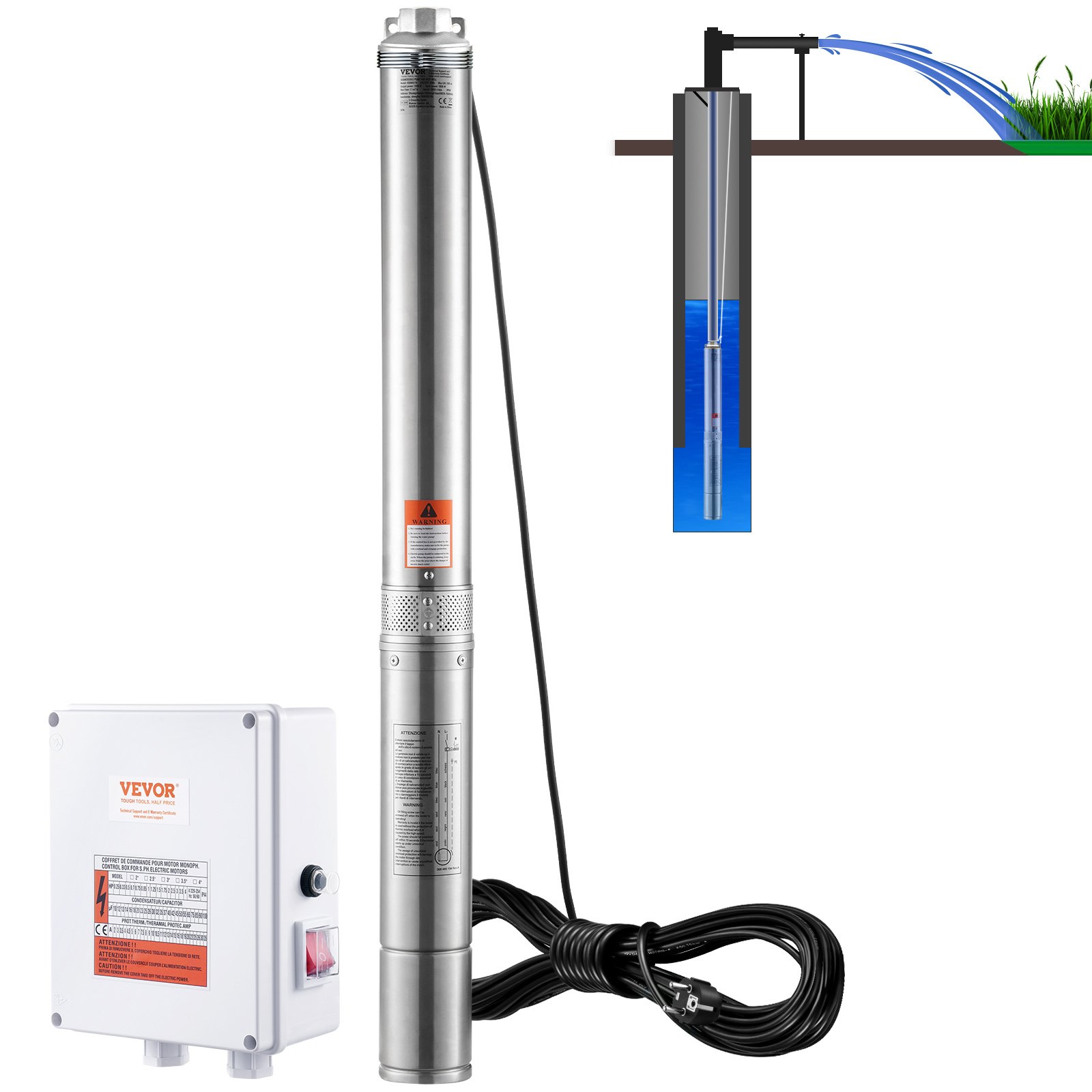 VEVOR Deep Well Submersible Pump, 2200W 230V, 9.8 m³/h Flow 144 m Head, with 19.4 m Cord & External Control Box, Stainless Steel Water Pumps for Industrial Irrigation and Home Use, IP68 Waterproof