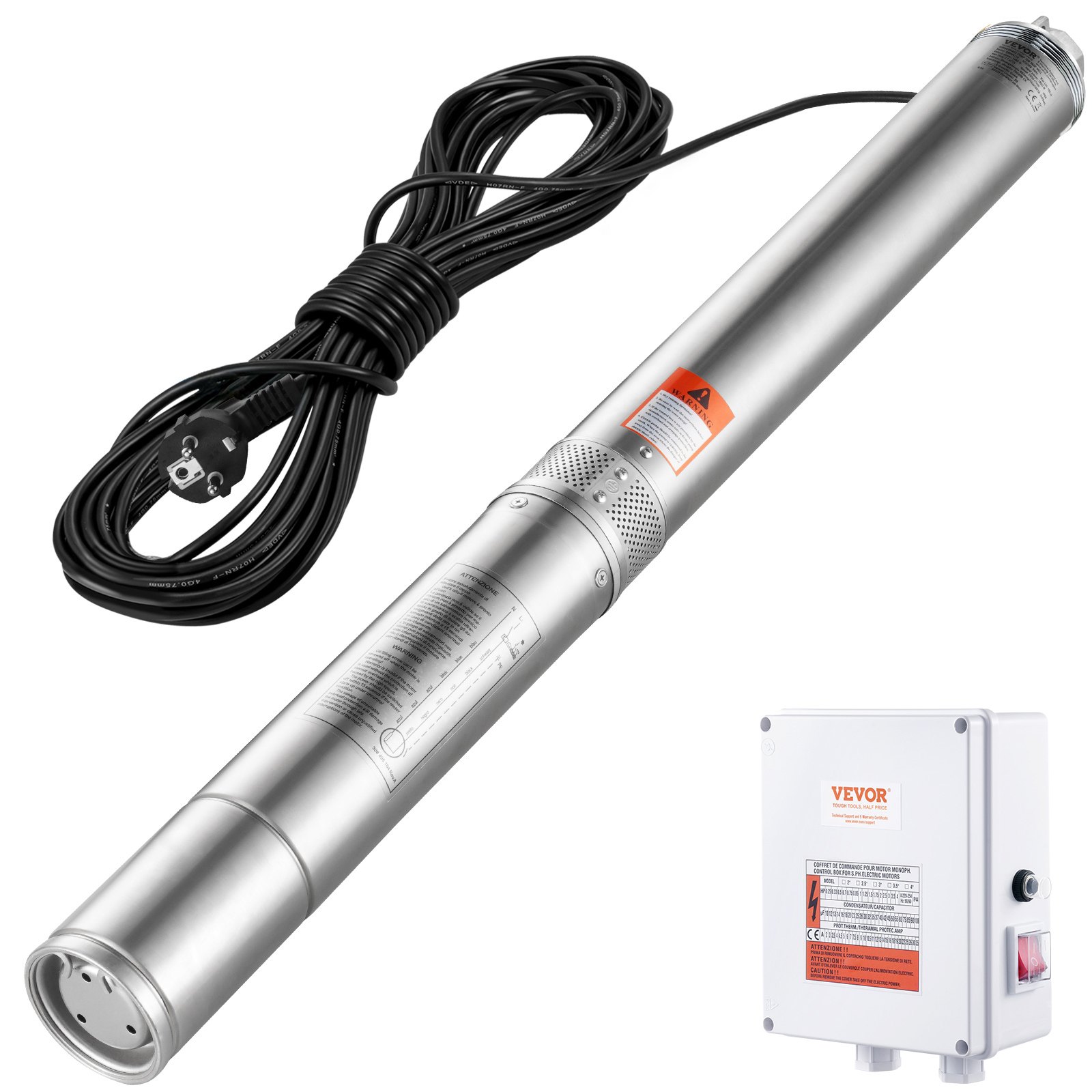 VEVOR Deep Well Submersible Pump, 2200W 230V, 9.8 m³/h Flow 144 m Head, with 19.4 m Cord & External Control Box, Stainless Steel Water Pumps for Industrial Irrigation and Home Use, IP68 Waterproof