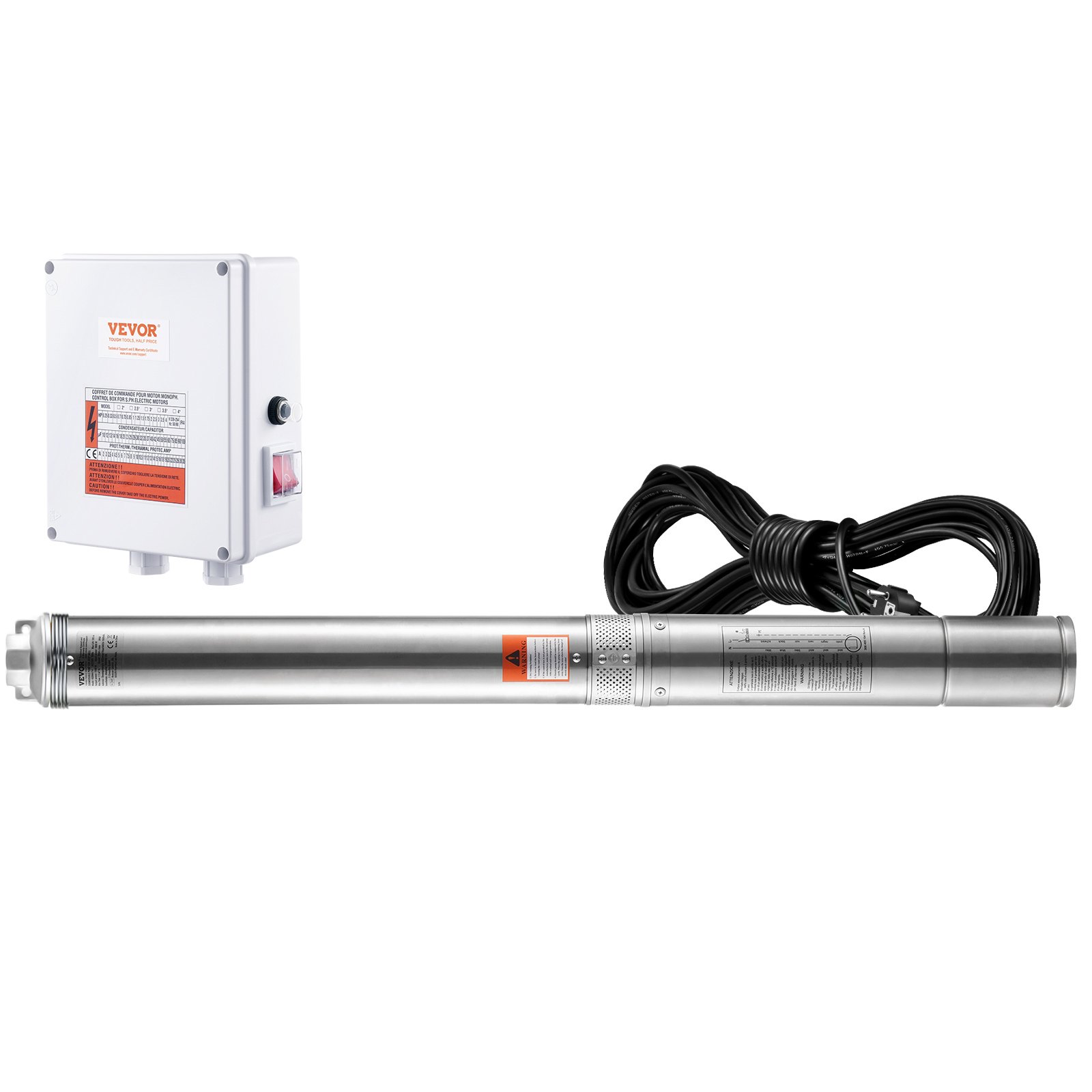 VEVOR Deep Well Submersible Pump, 2200W 230V, 9.8 m³/h Flow 144 m Head, with 19.4 m Cord & External Control Box, Stainless Steel Water Pumps for Industrial Irrigation and Home Use, IP68 Waterproof