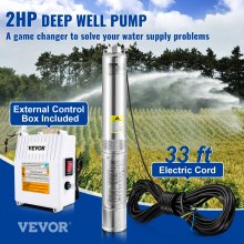 VEVOR Deep Well Submersible Pump, 2HP 230V/60Hz, 37GPM 427 ft Head, with 33 ft Cord & External Control Box, 4 inch Stainless Steel Water Pumps for Industrial, Irrigation and Home Use, IP68 Waterproof