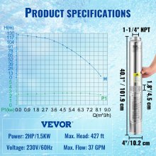 VEVOR Deep Well Submersible Pump, 2HP 230V/60Hz, 37GPM 427 ft Head, with 33 ft Cord & External Control Box, 4 inch Stainless Steel Water Pumps for Industrial, Irrigation and Home Use, IP68 Waterproof