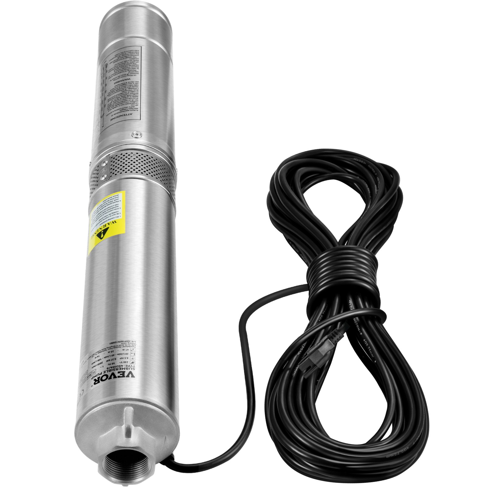 VEVOR Deep Well Submersible Pump, 0.5HP 115V/60Hz, 28gpm Flow 167ft Head, with 33ft Electric Cord, 4\" Stainless Steel Water Pumps for Industrial, Irrigation&Home Use, IP68 Waterproof Grade