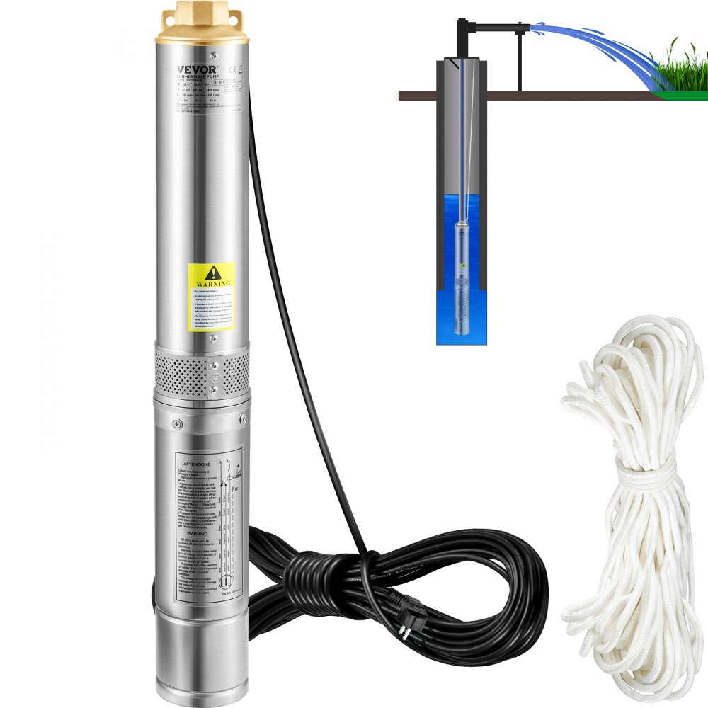 VEVOR VEVOR Deep Well Submersible Pump, 750W 230V/50Hz, 100L/min 66 m Head  Sand Resistant <5%, 20 m Electric Cord, 7.6 cm Stainless Steel Water Pumps  for Industrial, Irrigation & Home Use, IP68