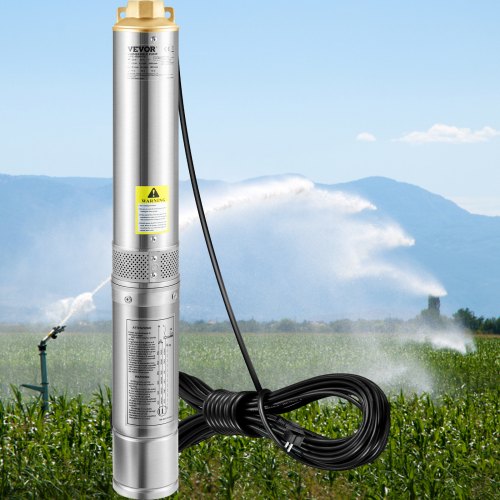 VEVOR Deep Well Submersible Pump, 750W 230V/50Hz, 105L/min 62 m Head Sand Resistant <5%, 20 m Electric Cord, 8.9 cm Stainless Steel Water Pumps for Industrial, Irrigation & Home Use, IP68 Waterproof