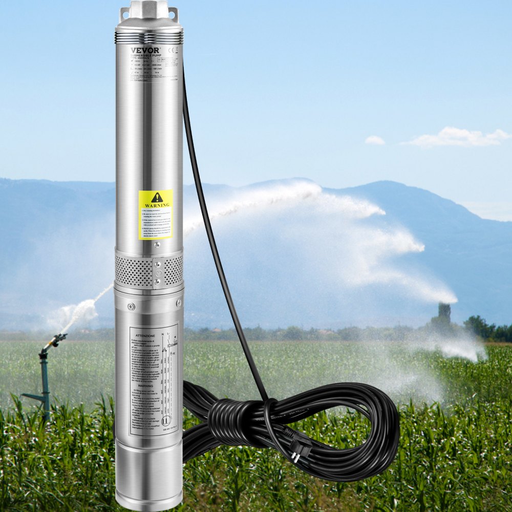 VEVOR Deep Well Submersible Pump, 750W 230V/50Hz, 105L/min 62 m Head Sand Resistant <5%, 20 m Electric Cord, 8.9 cm Stainless Steel Water Pumps for Industrial, Irrigation & Home Use, IP68 Waterproof