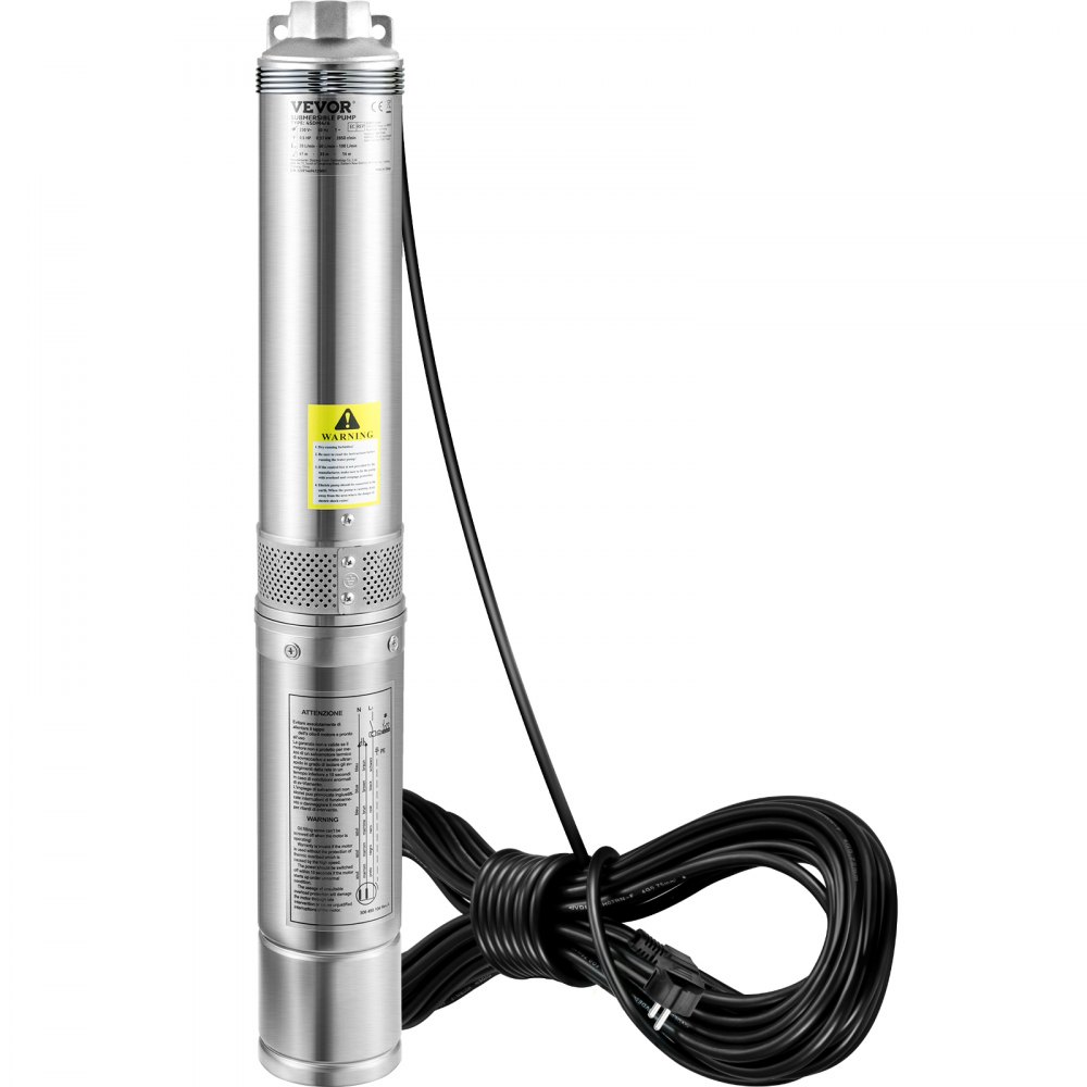 VEVOR Deep Well Submersible Pump, 750W 230V/50Hz, 105L/min 62 m Head Sand Resistant <5%, 20 m Electric Cord, 8.9 cm Stainless Steel Water Pumps for Industrial, Irrigation & Home Use, IP68 Waterproof