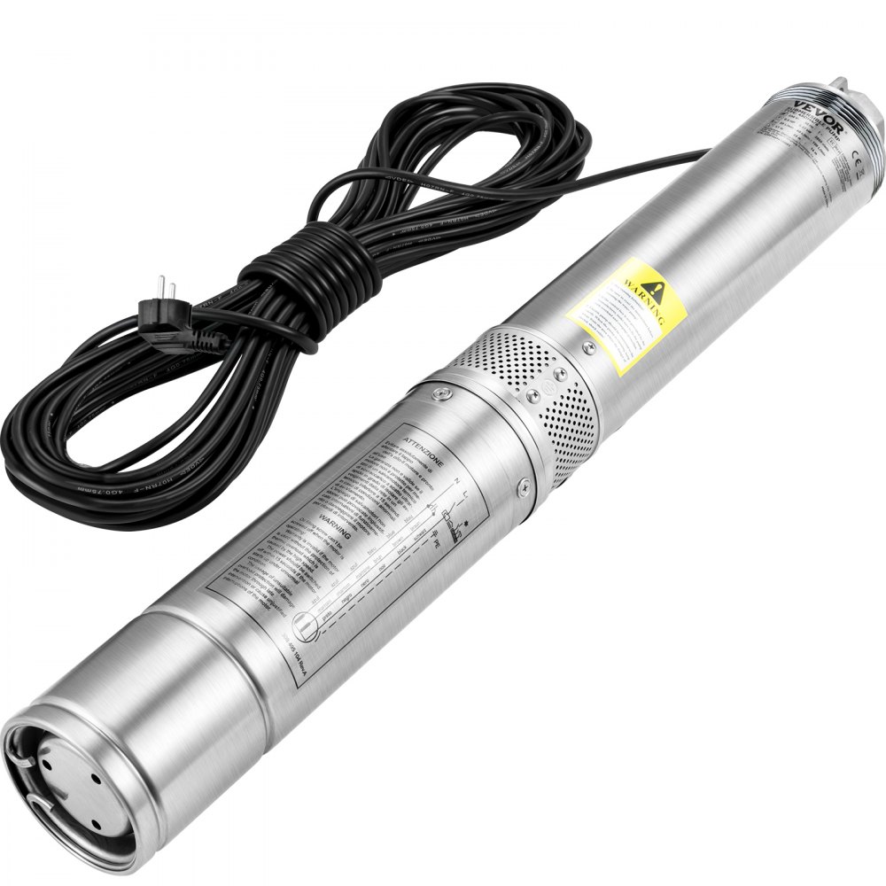 VEVOR Deep Well Submersible Pump, 750W 230V/50Hz, 105L/min 62 m Head Sand Resistant <5%, 20 m Electric Cord, 8.9 cm Stainless Steel Water Pumps for Industrial, Irrigation & Home Use, IP68 Waterproof