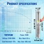 VEVOR Deep Well Submersible Pump, 750W 230V/50Hz, 105L/min 62 m Head Sand Resistant <5%, 20 m Electric Cord, 8.9 cm Stainless Steel Water Pumps for Industrial, Irrigation & Home Use, IP68 Waterproof