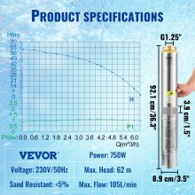 VEVOR Deep Well Submersible Pump, 750W 230V/50Hz, 105L/min 62 m Head Sand Resistant <5%, 20 m Electric Cord, 8.9 cm Stainless Steel Water Pumps for Industrial, Irrigation & Home Use, IP68 Waterproof