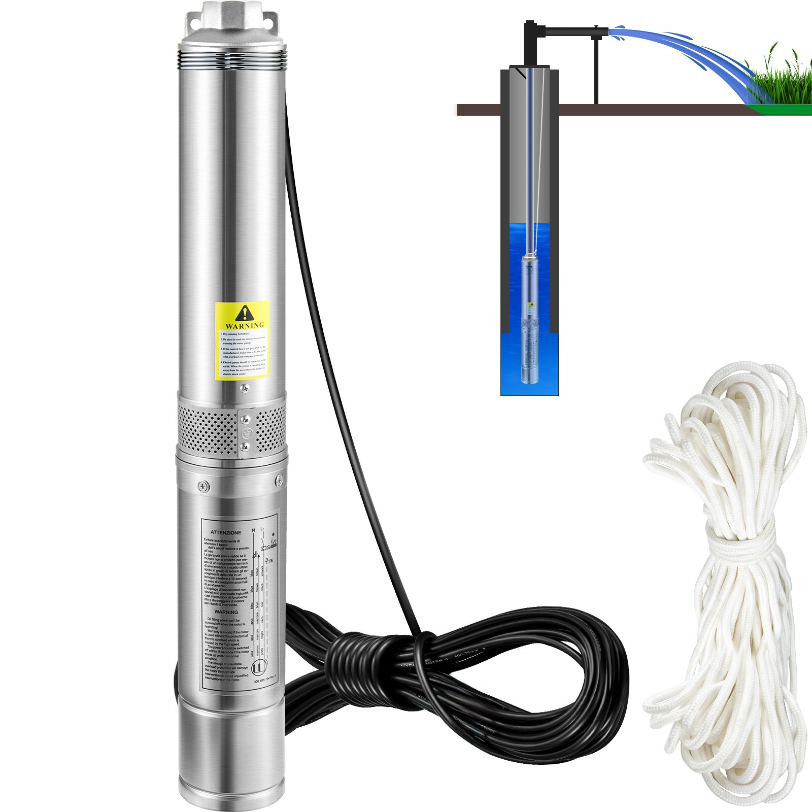 VEVOR Deep Well Submersible Pump, 750W 230V/50Hz, 105L/min 62 m Head Sand Resistant <5%, 20 m Electric Cord, 8.9 cm Stainless Steel Water Pumps for Industrial, Irrigation & Home Use, IP68 Waterproof