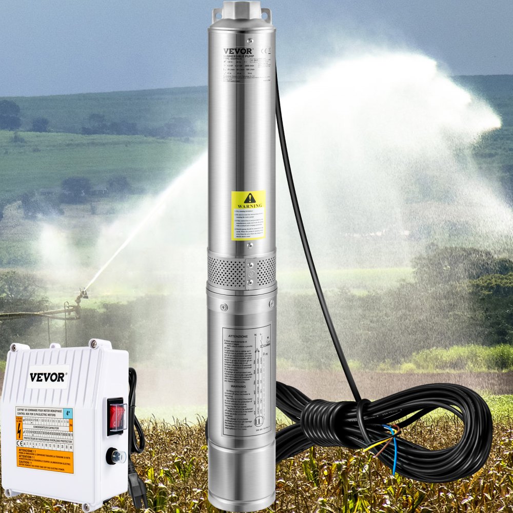 VEVOR Deep Well Submersible Pump, 1.5HP 115V/60Hz, 37gpm 276ft Head, with 33ft Cord & External Control Box, 4\" Stainless Steel Water Pump for Industrial, Irrigation and Home Use, IP68 Waterproof