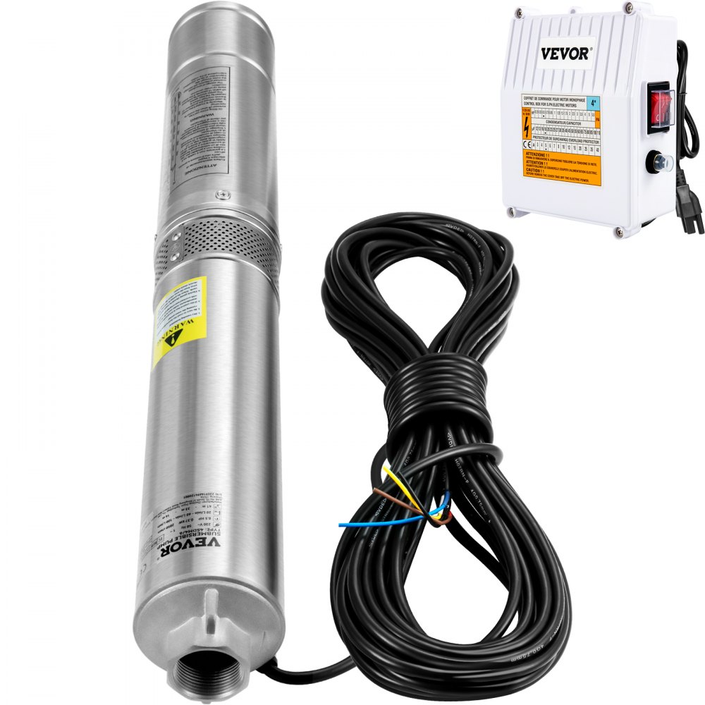 VEVOR Deep Well Submersible Pump, 1.5HP 115V/60Hz, 37gpm 276ft Head, with 33ft Cord & External Control Box, 4\" Stainless Steel Water Pump for Industrial, Irrigation and Home Use, IP68 Waterproof