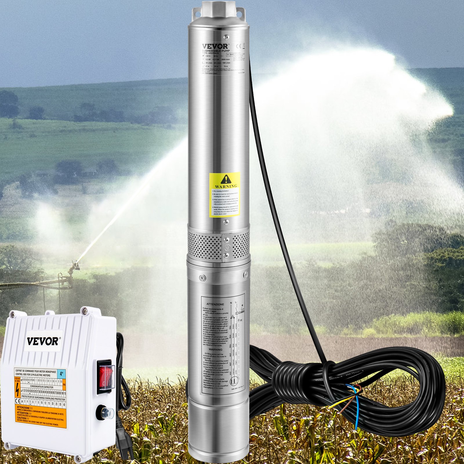 VEVOR Deep Well Submersible Pump, 1.5HP 115V/60Hz, 37gpm 276ft Head, with 33ft Cord & External Control Box, 4\" Stainless Steel Water Pump for Industrial, Irrigation and Home Use, IP68 Waterproof
