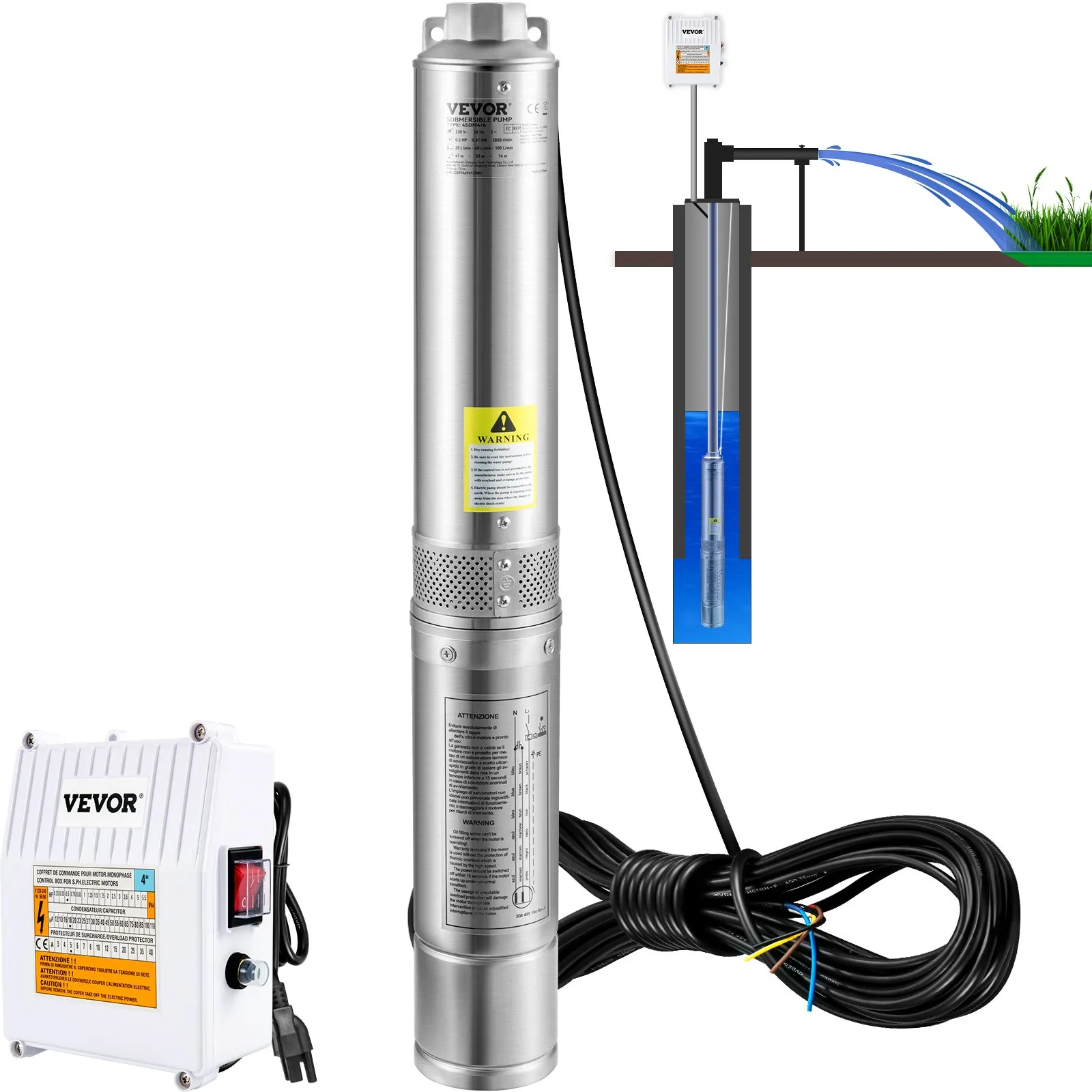 VEVOR Deep Well Submersible Pump, 1.5HP 115V/60Hz, 37gpm 276ft Head, with 33ft Cord & External Control Box, 4\" Stainless Steel Water Pump for Industrial, Irrigation and Home Use, IP68 Waterproof