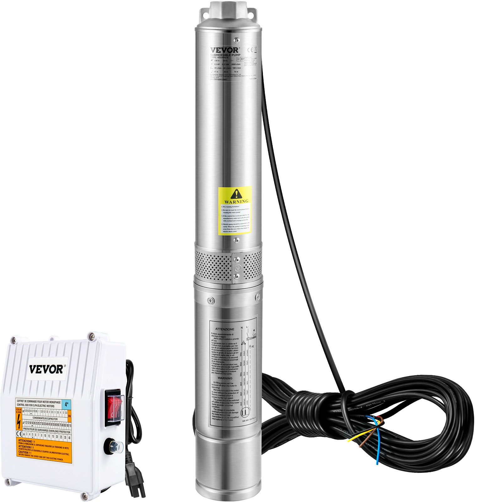 VEVOR Deep Well Submersible Pump, 1.5HP 115V/60Hz, 37gpm 276ft Head, with 33ft Cord & External Control Box, 4\" Stainless Steel Water Pump for Industrial, Irrigation and Home Use, IP68 Waterproof