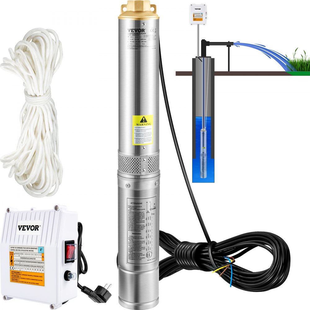 VEVOR Deep Well Submersible Pump, 1100W 230V/50Hz, 190L/min 57 m Head, with 20 m Cord & External Control Box, 10.2 cm Stainless Steel Water Pumps for Industrial, Irrigation & Home Use, IP68 Waterproof