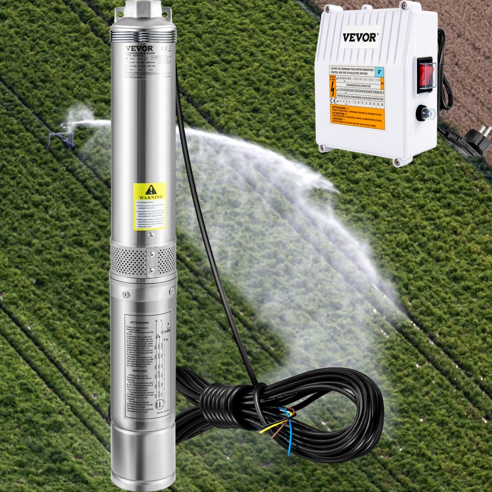 VEVOR Deep Well Submersible Pump, 1100W 230V/50Hz, 190L/min 57 m Head, with 20 m Cord & External Control Box, 10.2 cm Stainless Steel Water Pumps for Industrial, Irrigation & Home Use, IP68 Waterproof