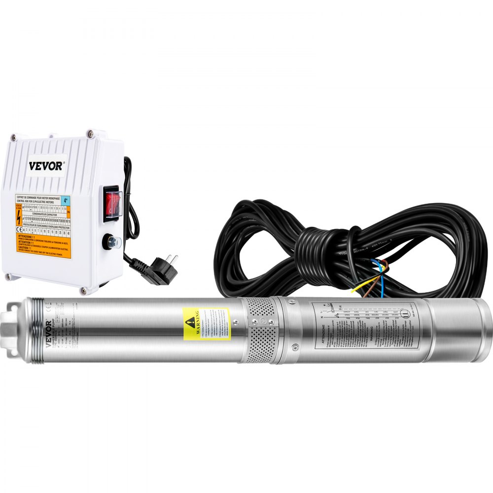 VEVOR Deep Well Submersible Pump, 1100W 230V/50Hz, 190L/min 57 m Head, with 20 m Cord & External Control Box, 10.2 cm Stainless Steel Water Pumps for Industrial, Irrigation & Home Use, IP68 Waterproof