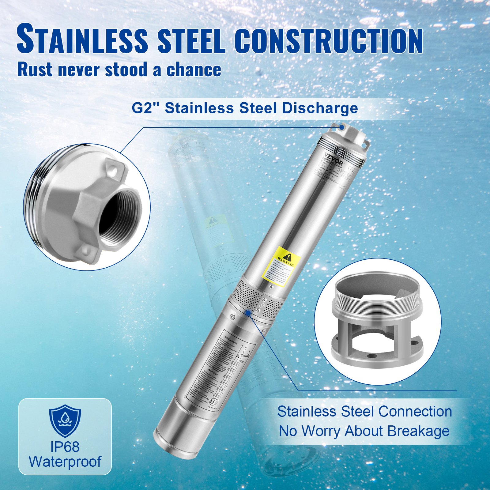 VEVOR Deep Well Submersible Pump, 1100W 230V/50Hz, 190L/min 57 m Head, with 20 m Cord & External Control Box, 10.2 cm Stainless Steel Water Pumps for Industrial, Irrigation & Home Use, IP68 Waterproof