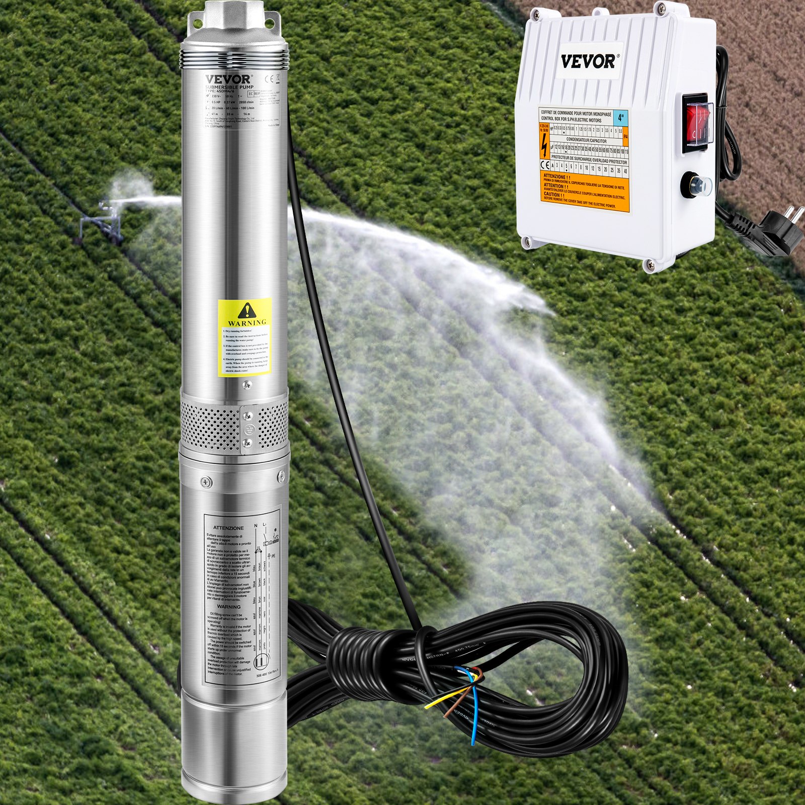 VEVOR Deep Well Submersible Pump, 1100W 230V/50Hz, 190L/min 57 m Head, with 20 m Cord & External Control Box, 10.2 cm Stainless Steel Water Pumps for Industrial, Irrigation & Home Use, IP68 Waterproof