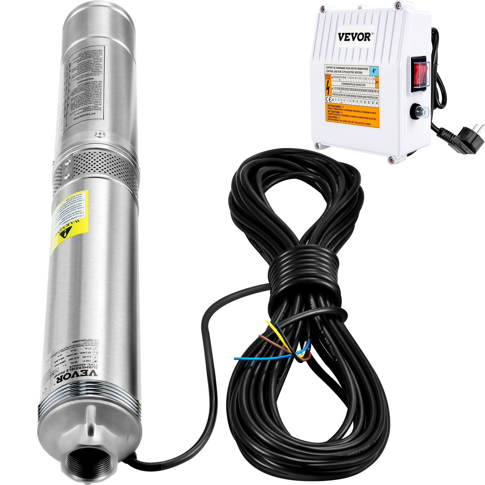 VEVOR Deep Well Submersible Pump, 1100W 230V/50Hz, 190L/min 57 m Head, with 20 m Cord & External Control Box, 10.2 cm Stainless Steel Water Pumps for Industrial, Irrigation & Home Use, IP68 Waterproof
