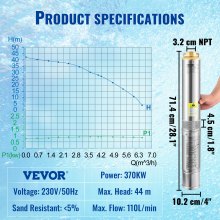 VEVOR ponorné čerpadlo do hlbokých studní, 370 W, 230 V/50 Hz, 110 l/min., 44 m hlava, s 20 m káblom a externým ovládacím boxom, 10,2 cm vodné čerpadlá z nehrdzavejúcej ocele na priemyselné, zavlažovacie a domáce použitie, vodotesné IP68