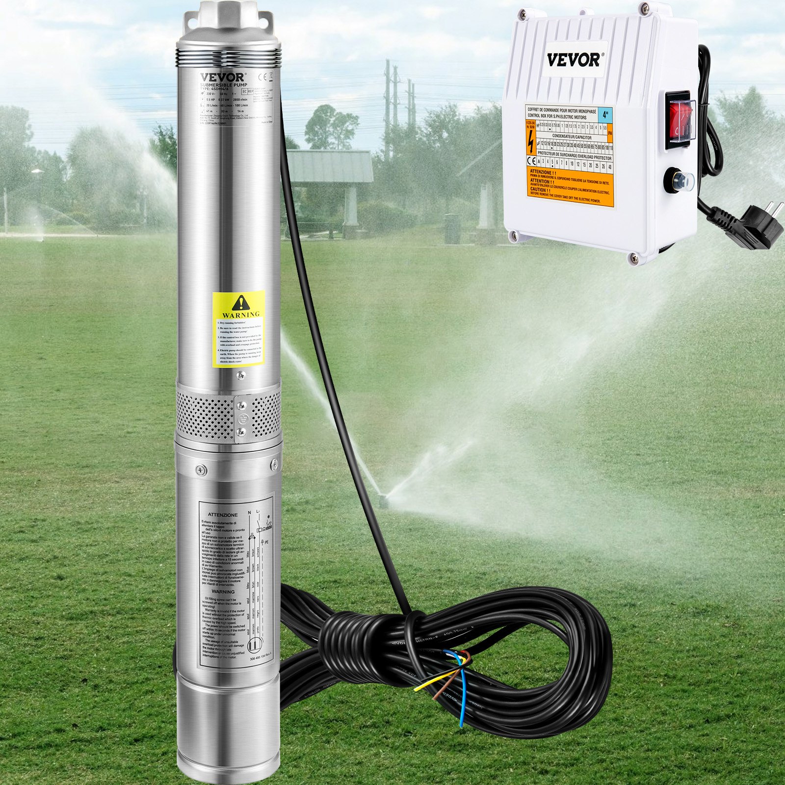 VEVOR Deep Well Submersible Pump, 370W 230V/50Hz, 110L/min 44 m Head, with 20 m Cord & External Control Box, 10.2 cm Stainless Steel Water Pumps for Industrial, Irrigation & Home Use, IP68 Waterproof