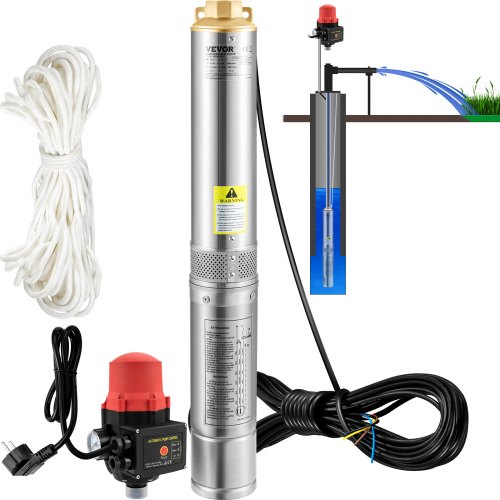 VEVOR Deep Well Submersible Pump, 550W 230V/50Hz, 50L/min 89 m Head, 20 m Cord & Automatic Pressure Switch, 7.6 cm Stainless Steel Water Pumps for Industrial, Irrigation & Home Use, IP68 Waterproof