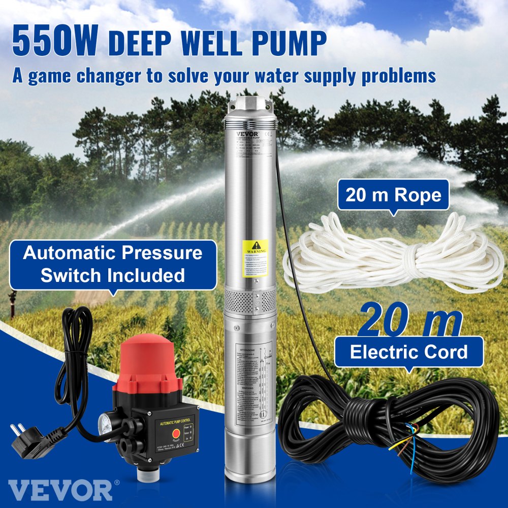 VEVOR Deep Well Submersible Pump, 550W 230V/50Hz, 50L/min 89 m Head, 20 m Cord & Automatic Pressure Switch, 8.2 cm Stainless Steel Water Pumps for Industrial, Irrigation & Home Use, IP68 Waterproof